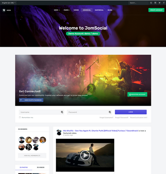 JA Mood - Stunning music, community and social Joomla template fully supports Jomsocial with customized style.